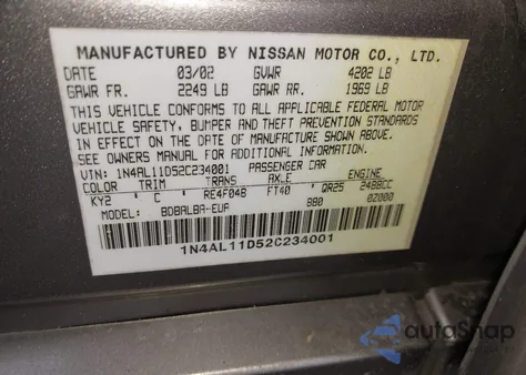 2002 Nissan Altima 2.5 S из США, поврежденный, VIN 1N4AL11D52C234001